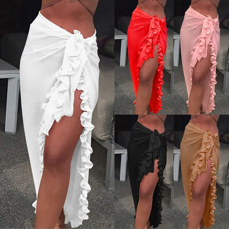deanwangkt Women Chiffon See-Through Beach Bikini Cover Up Wrap Scarf Swimwear Pareo Sarong Dress Solid Ruffle Casual Beach Dress - Deanwangkt