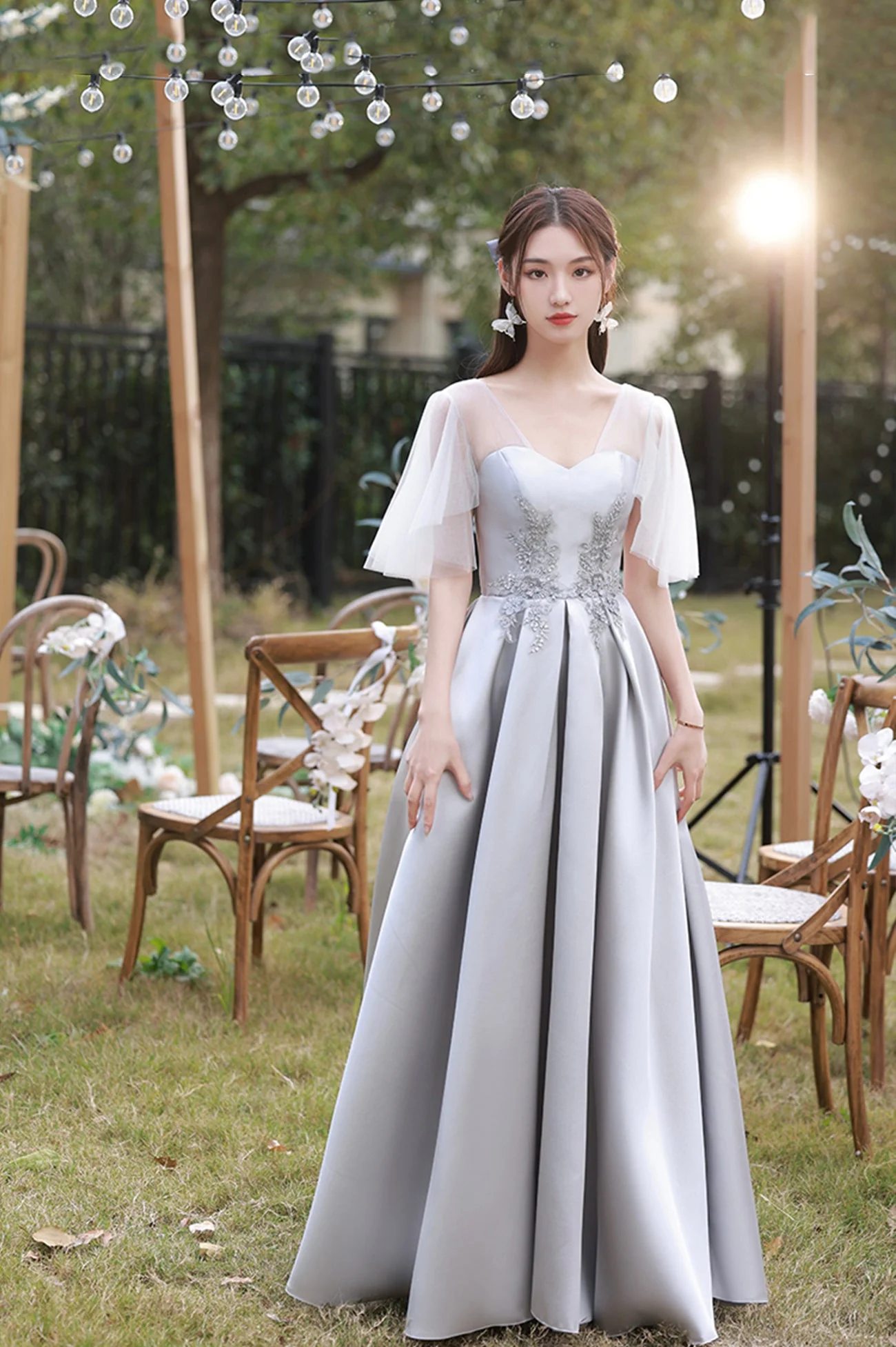 solvbao Gray Saitn Lace Long Prom Dress, A-Line Evening Dress - Deanwangkt