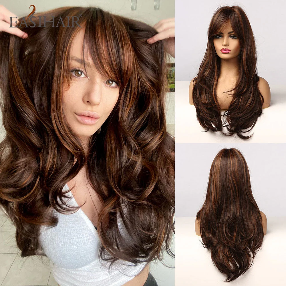 deanwangkt  Long Black Wigs Cosplay Body Wave Synthetic Wigs With Bangs For White/Black Women Brazilian American Natural Hair - Deanwangkt