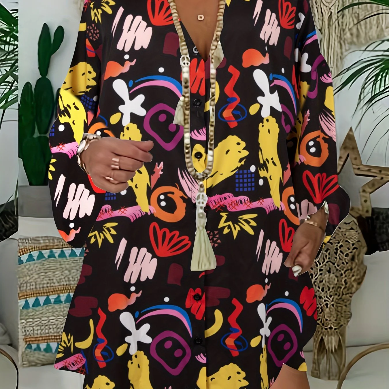 Plus Size Casual Blouse, Women's Plus Graffiti Print Long Sleeve Turn Down Collar Slight Stretch Longline Shirt Top - Deanwangkt