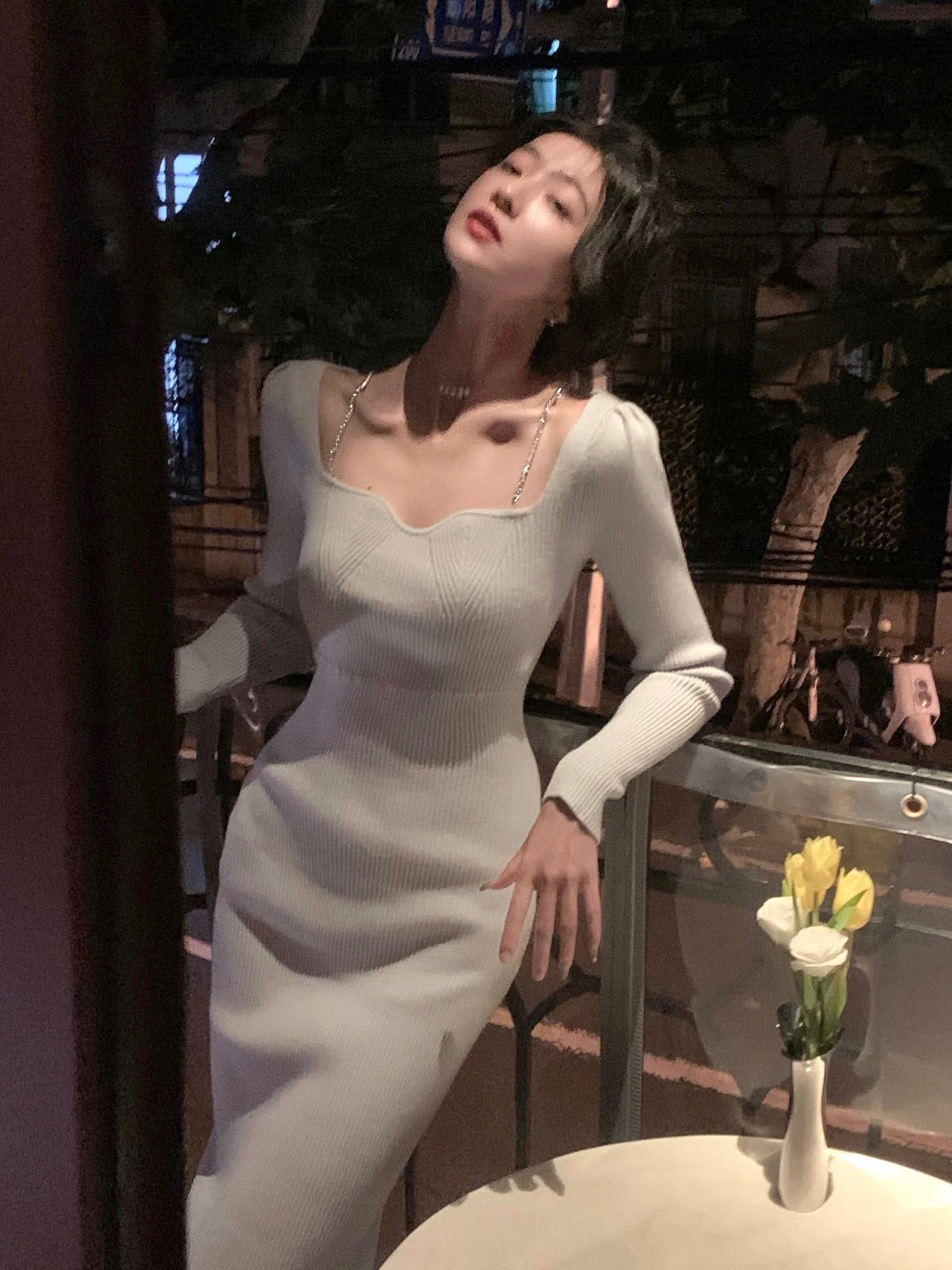 deanwangkt French Square Neck Knitted Midi Dresses Women New Autumn Sexy Bodycon Elegant Party Evening Fashion One Piece Female Clothing - Deanwangkt