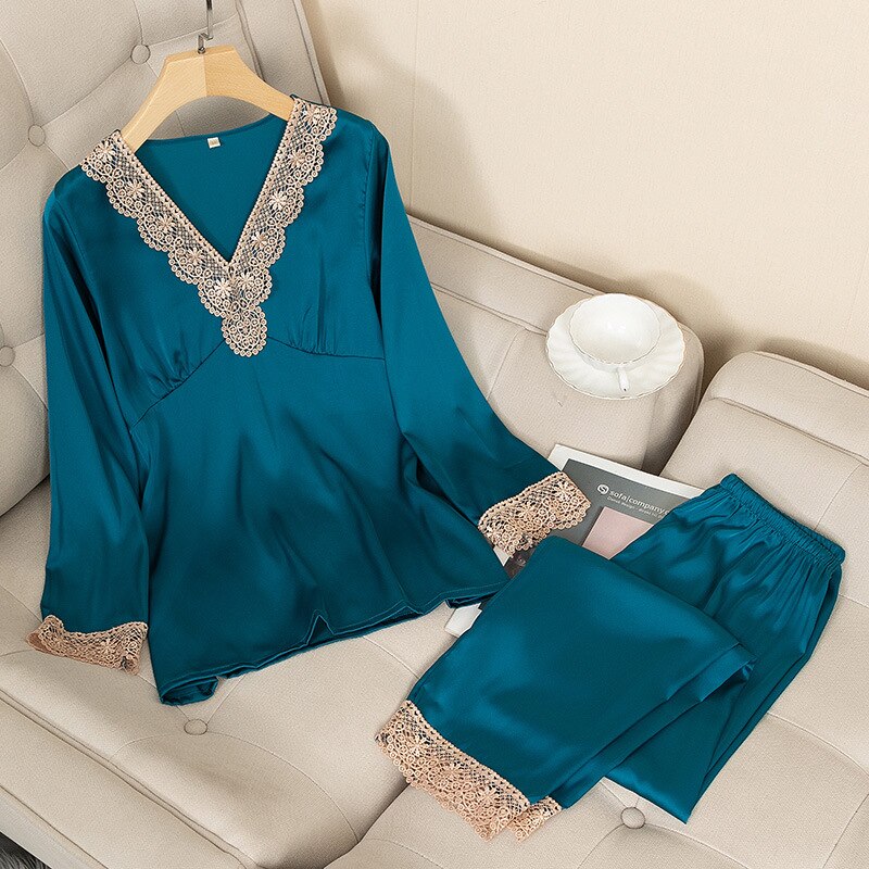 deanwangkt Nightwear Pyjamas Pajamas Set Satin Long Sleeve Women 2 Piece pjs sets Casual Lace Sleepwear Shirt&Pants Silky Intimate Lingerie - Deanwangkt