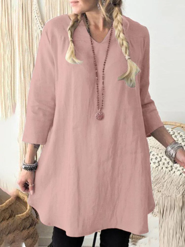 deanwangkt Casual Plain V-neck 3/4 Sleeve Women Solid Cotton Blouse - Deanwangkt