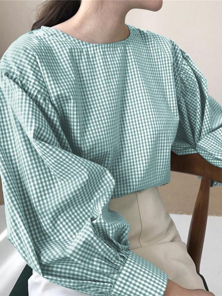 deanwangkt Puff Sleeve O-Neck Plaid Casual Loose Blouse For Women - Deanwangkt