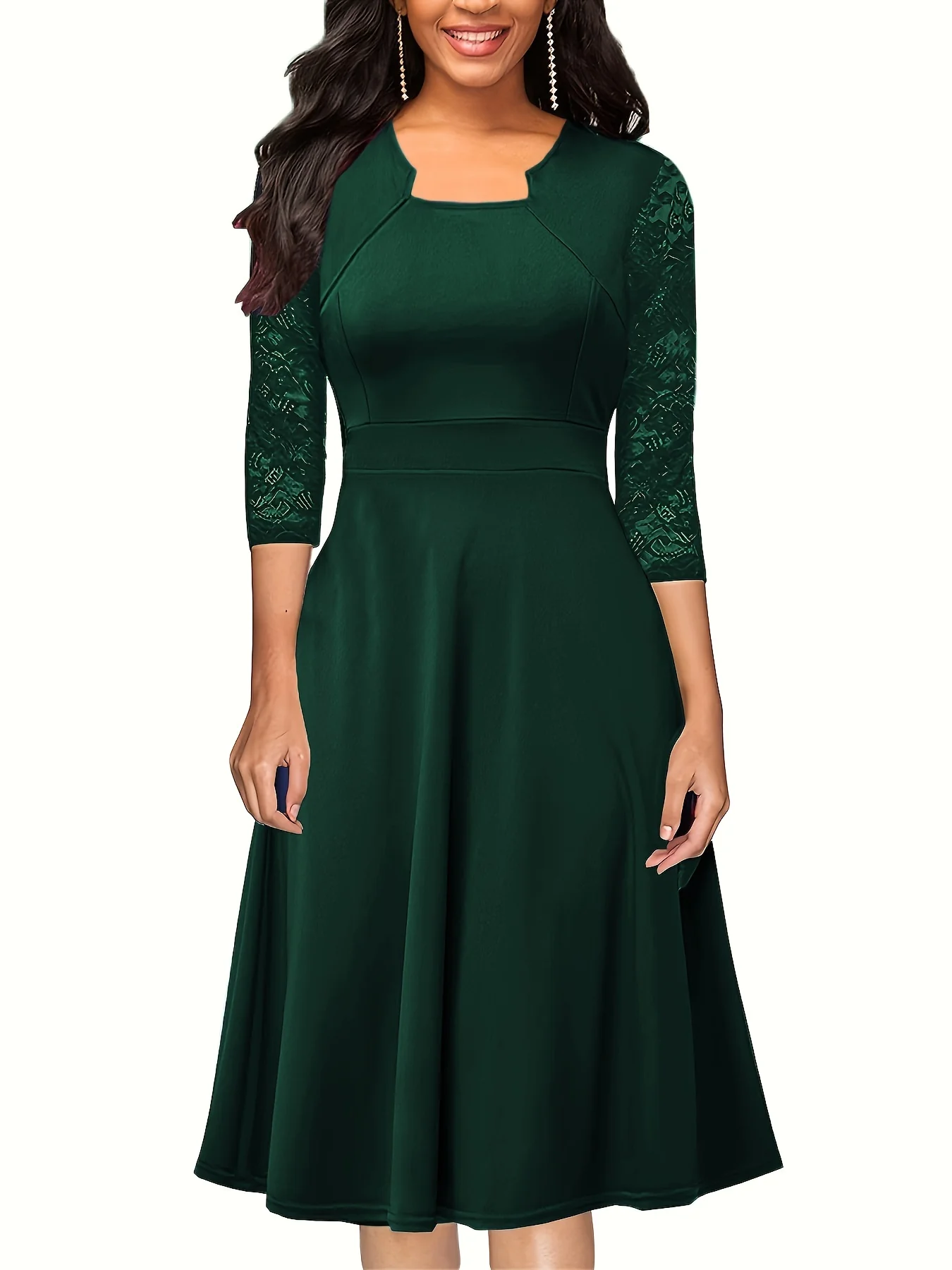 Square Neck Lace Sleeve Dress, Elegant Dress For Cocktail Party, Women's Clothing - Deanwangkt