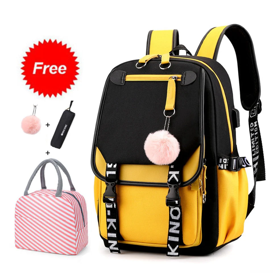 deanwangkt Teen Girl School Backpack with USB Charging Port 15.6 Inch Laptop Bag Water Resistant Nylon School Bookbag New - Deanwangkt