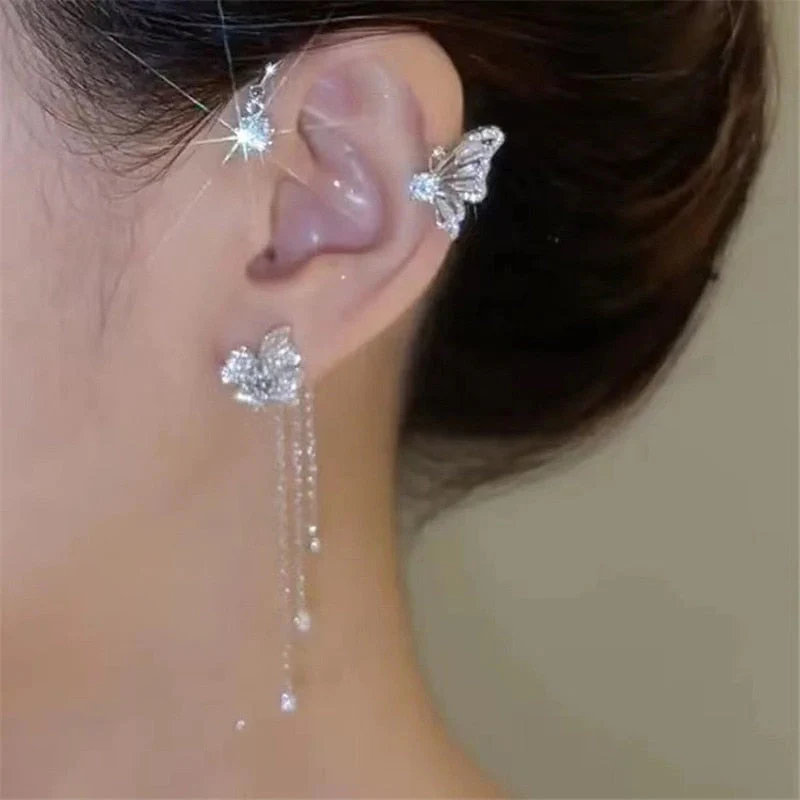Korean Fashion Zircon Butterfly Elf Ear Cuff for Women Sparkling Zircon Crystal Without Piercing Clip Earrings Wedding Jewelry - Deanwangkt