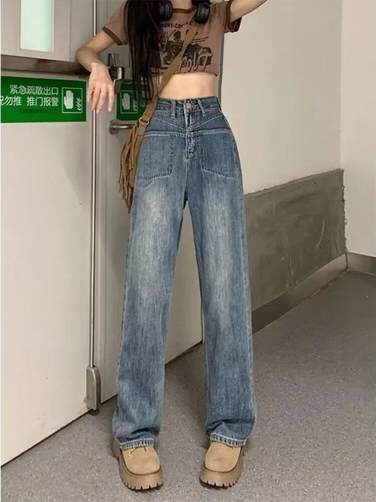 deanwangkt Retro Blue Distressed Korean Version High-waisted High-straight Design Loose Jeans - Deanwangkt