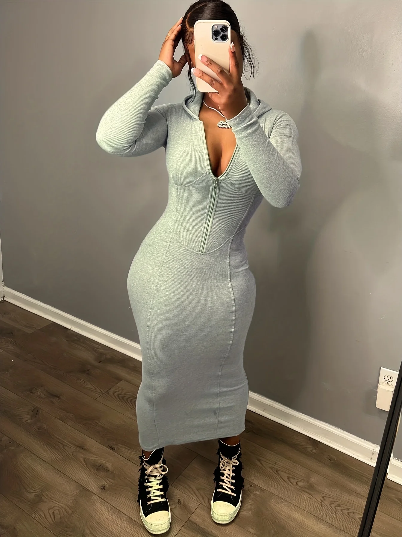 deanwangkt-1  Zip Front Bodycon Hooded Dress, Casual Long Sleeve Ankle Length Dress For Spring & Fall, Women's Clothing - Deanwangkt