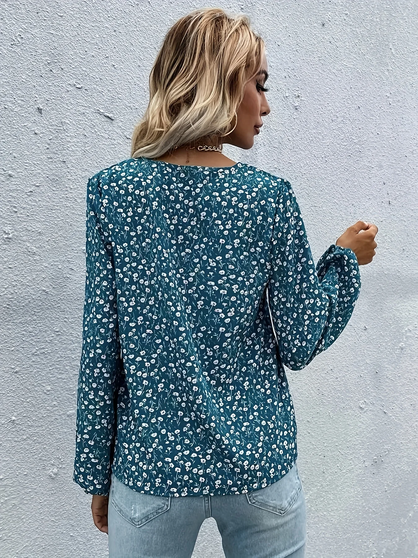 Ditsy Floral Print Blouse, Elegant V Neck Lantern Sleeve Blouse, Women's Clothing - Deanwangkt