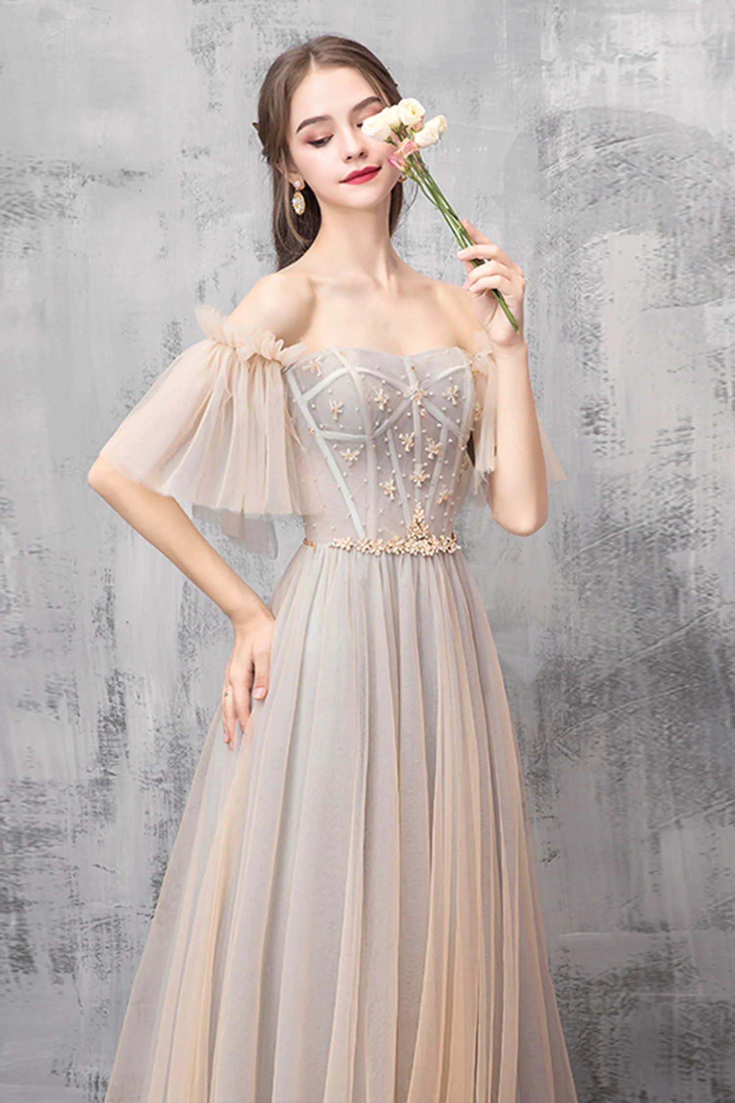 solvbao A-Line Off the Shoulder Tulle Long Prom Dress, Cute Evening Party Dress - Deanwangkt