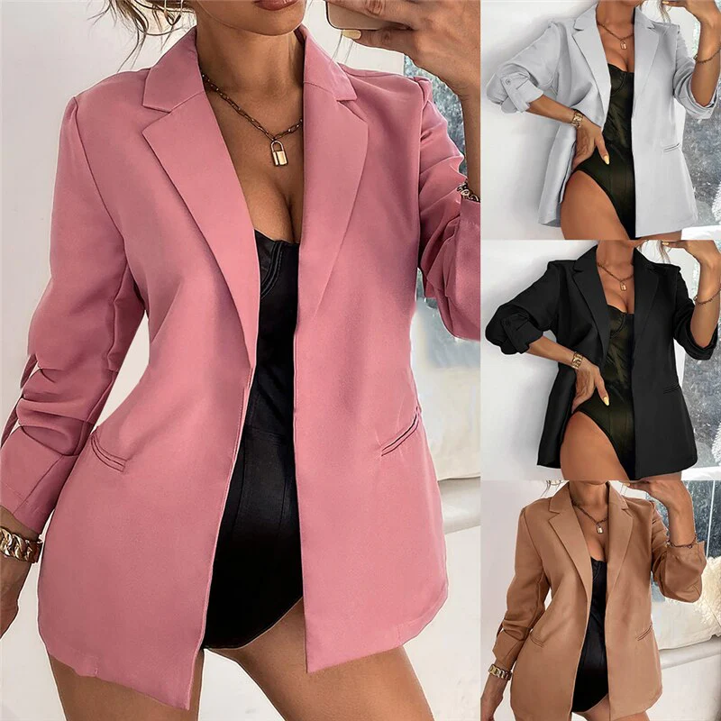 deanwangkt New Women Autumn Blazer Jacket Fashion Basic Blazer Casual Solid Button Long Sleeve Work Suit Coat Office Lady Elegant Blazers - Deanwangkt