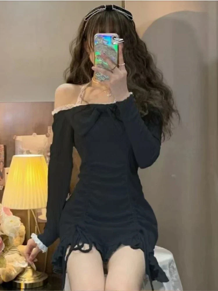 deanwangkt Korean Fashion Dresses Style Party Mini Dresses Women Strapless Sexy Kawaii Dresses Women Long Sleeve Lace Kawaii Lolita Dresses - Deanwangkt