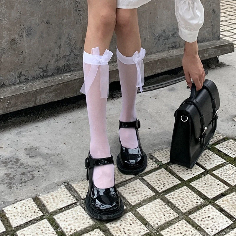 deanwangkt Japanese Reflective Stockings Bandage Lolita Socks Long Knee Socks Korea Style Women White Cotton Socks Cosplay JK Socks Cute - Deanwangkt