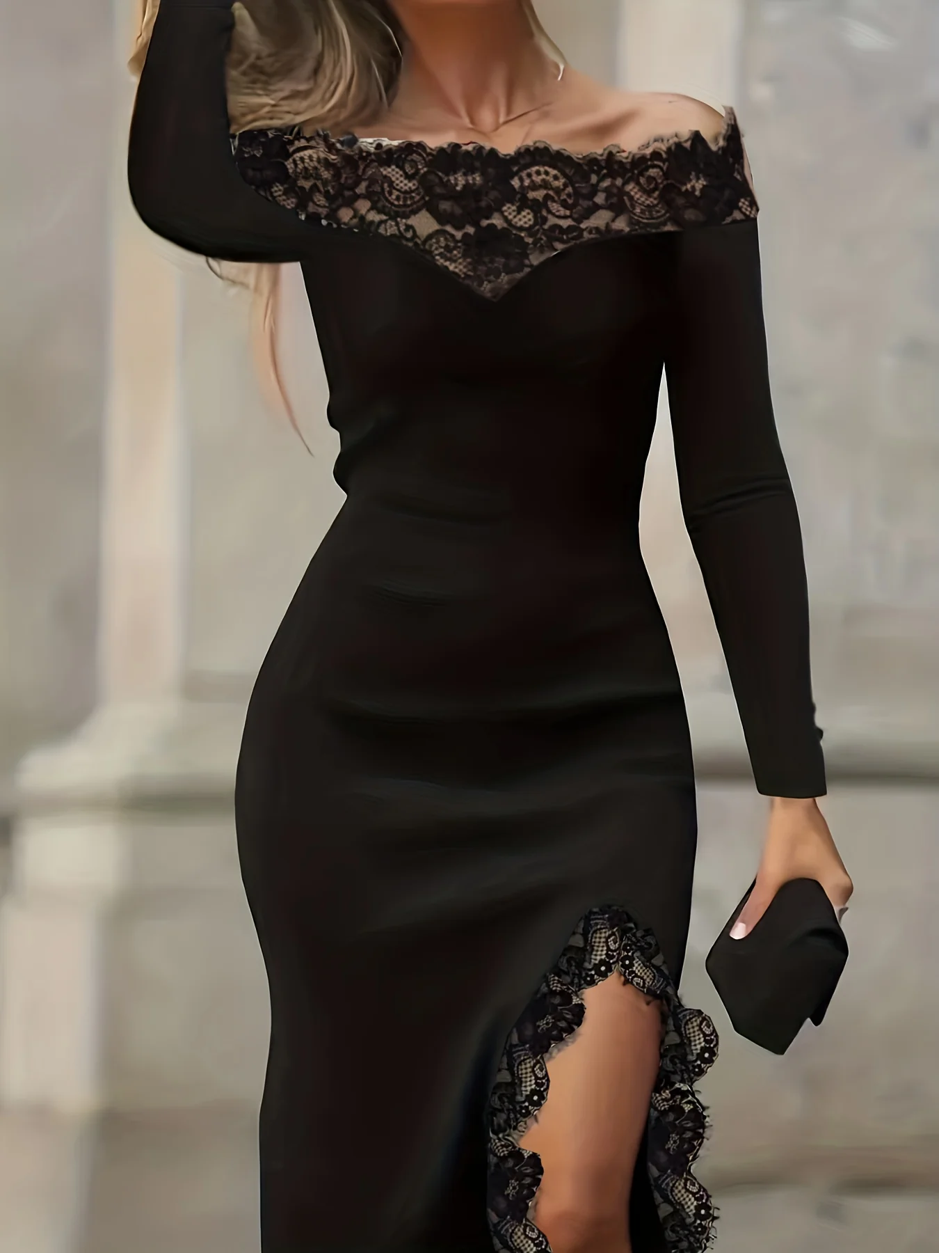 Contrast Lace Off-shoulder Dress, Chic Long Sleeve Split Hem Slim Dress, Women's Clothing - Deanwangkt