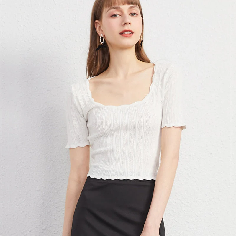 Graduation Gifts  Women Square Neck Pretty Stitch Short Sleeve Knit Top Pointelle Knit Top With Wave Trim tees short lace tops 4PC3 - Deanwangkt