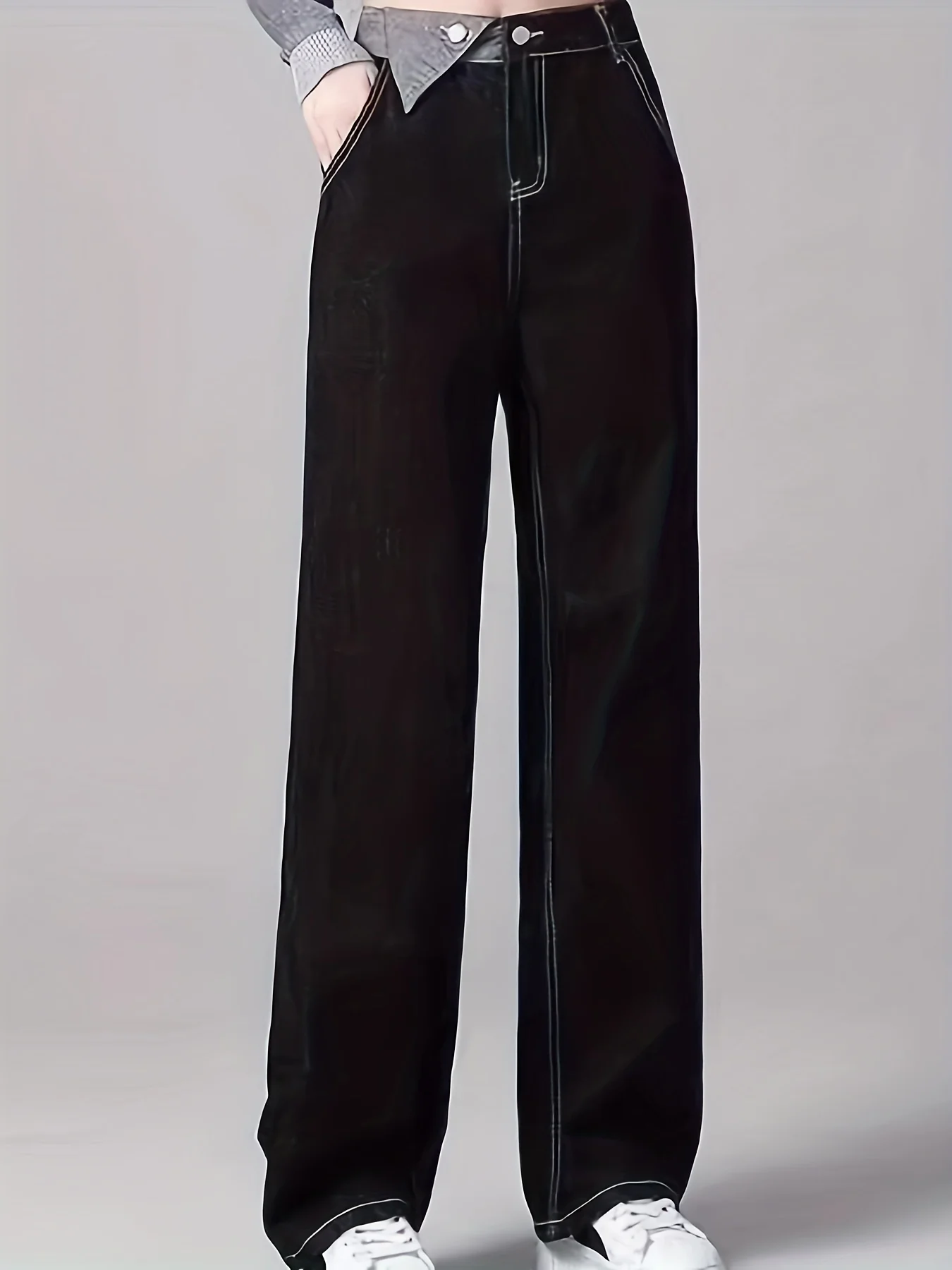 Black Loose Fit Straight Jeans, Non-Stretch High Waist Casual Denim Trousers, Women's Denim Jeans & Clothing - Deanwangkt