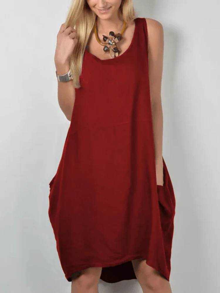 deanwangkt Women Solid Color Scoop Neck Big Pocket Sleeveless Casual Dresses - Deanwangkt