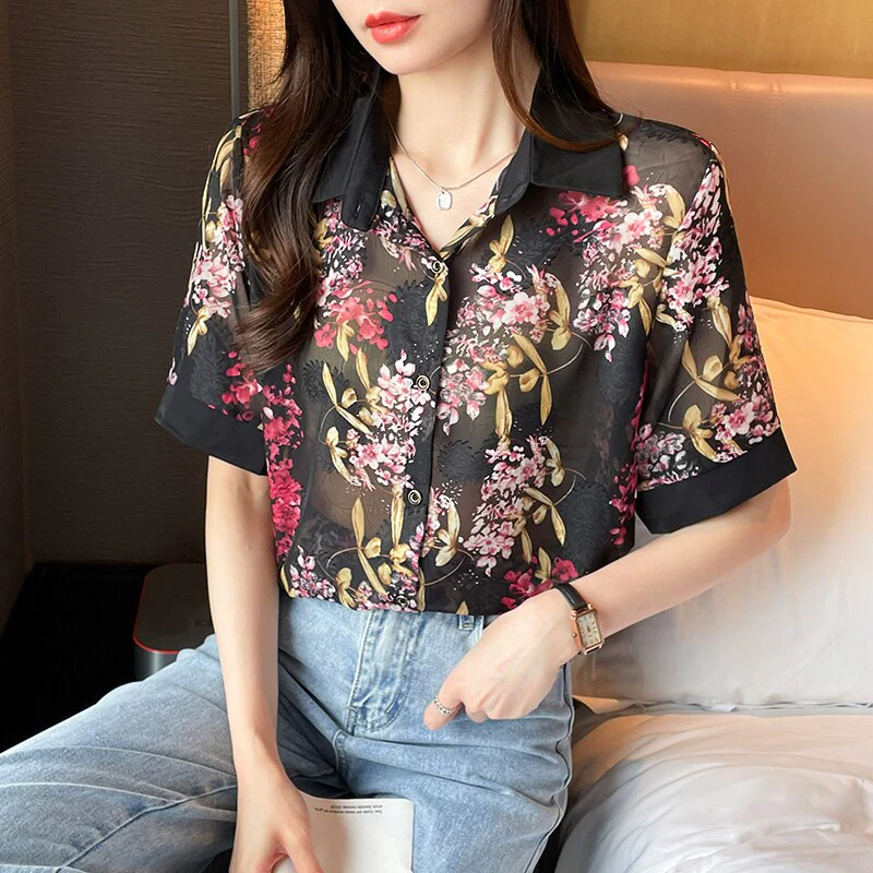 deanwangkt Summer Fashion elegant Women's chiffon Blouses printing ladies shirts short sleeve dress shirts Tops Blusas Mujer - Deanwangkt