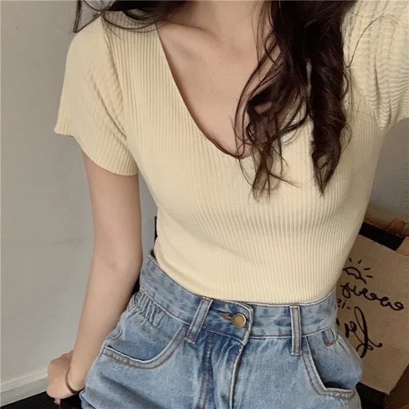 deanwangkt Summer Women Knitted T-Shirts Short Sleeve Shirts Pullover Tops Female Elastic Slim Casual Knit Tee Crop Tops Women's T-Shirts - Deanwangkt