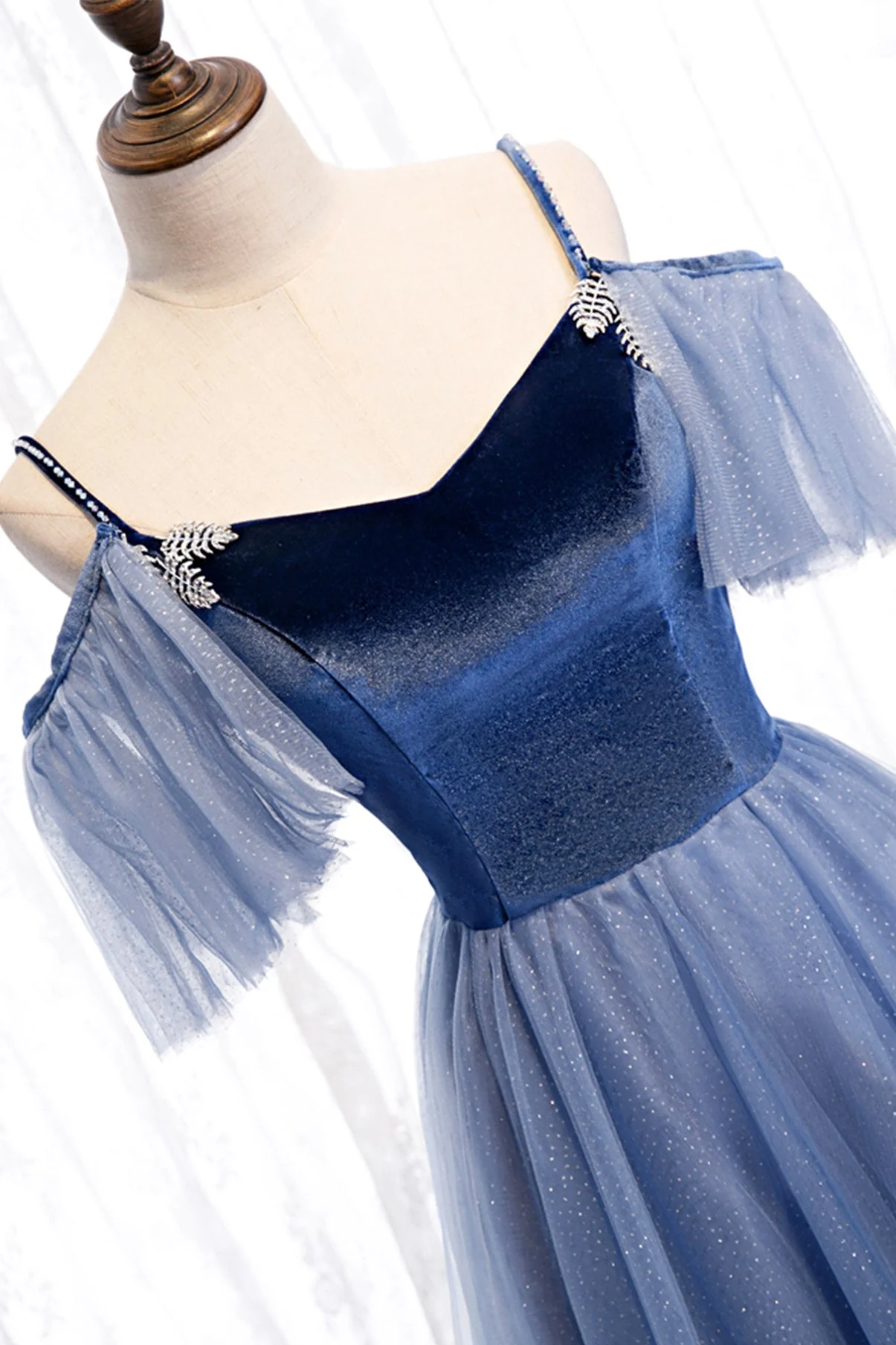 solvbao Blue Velvet Tulle Long Prom Dresses, Blue A-Line Evening Dresses - Deanwangkt