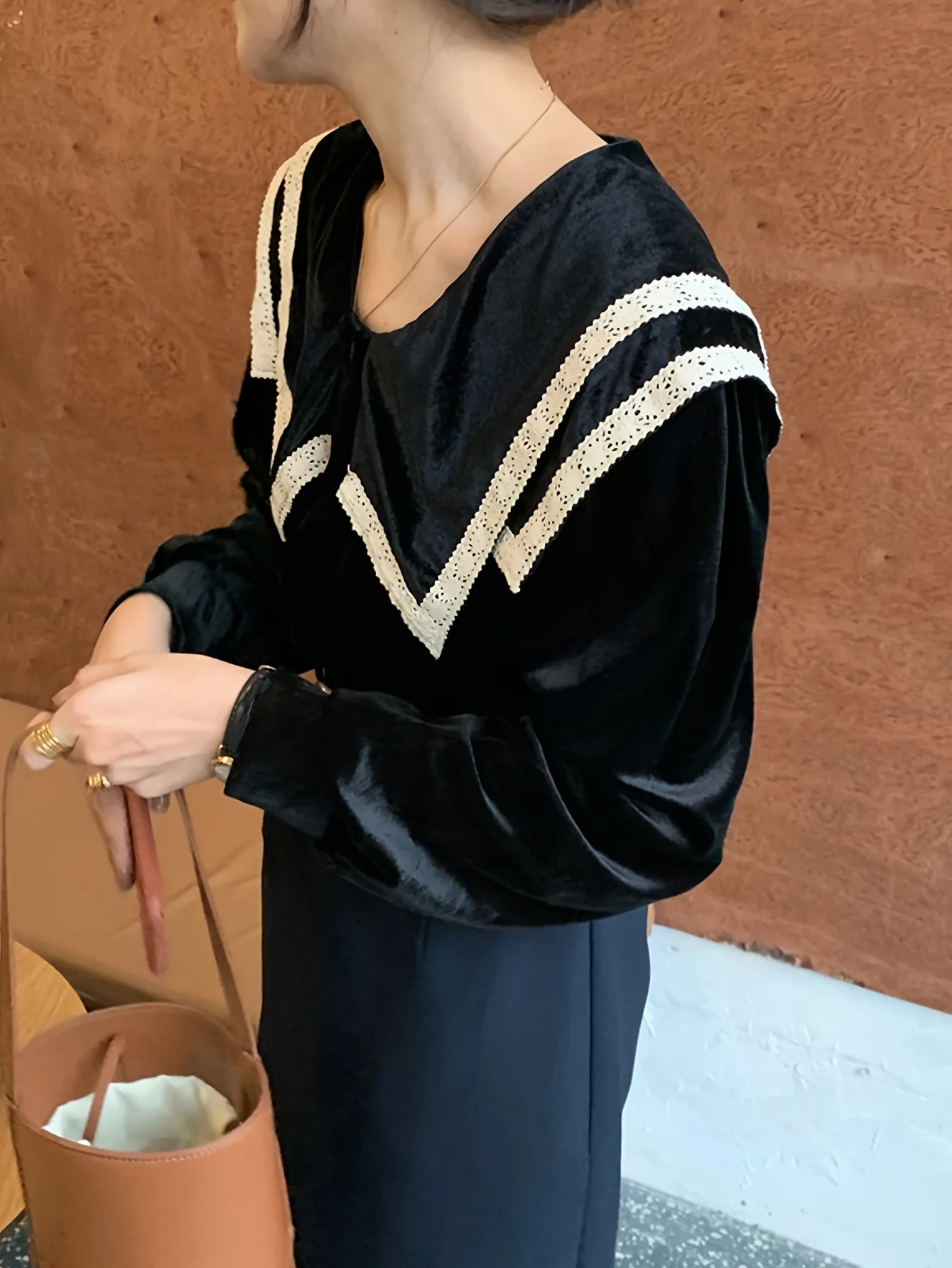 deanwangkt Contrast Lace Button Front Collar Blouse, Casual Long Sleeve Blouse For Spring & Fall, Women's Clothing - Deanwangkt