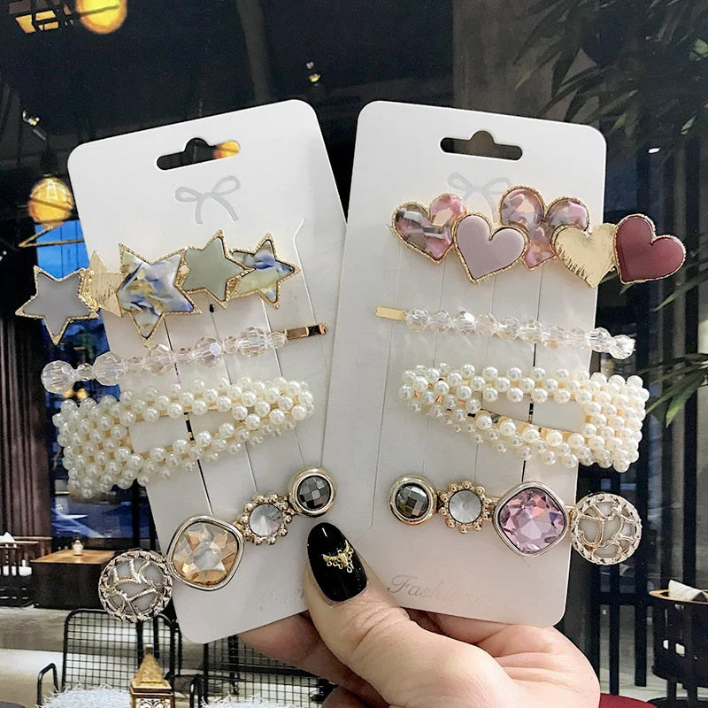 deanwangkt 4PCS Hair Clips Set Crystal Simulation Pearl Hair Accessories Fashion Barrettes For Women Bees Star Heart Hairgrip Hairpins - Deanwangkt