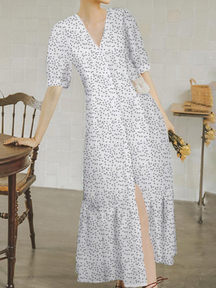 deanwangkt Polka Dot Print V-neck Short Sleeve Buttons Summer Beach Holiday Shirt Dress - Deanwangkt