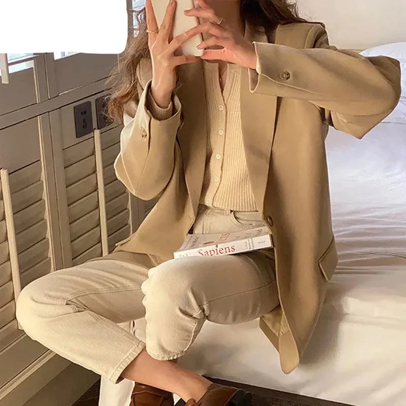 deanwangkt Women's Jacket New Blazer Single Button Turn Down Collar Casual Office Ladies Suit Oversized Loose Coats Formal Blazers - Deanwangkt