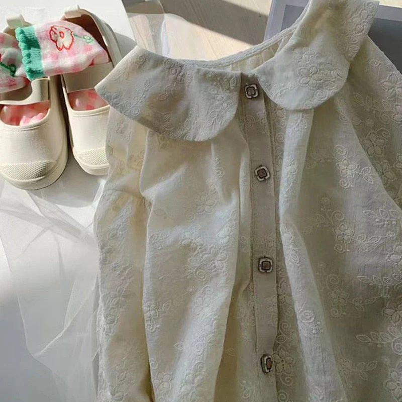 deanwangkt New Spring Girls Dress Suit Children's Clothing Sets Kids Embroidery Lapel Shirt and Denim Strap Dress 2PCS Outfit - Deanwangkt