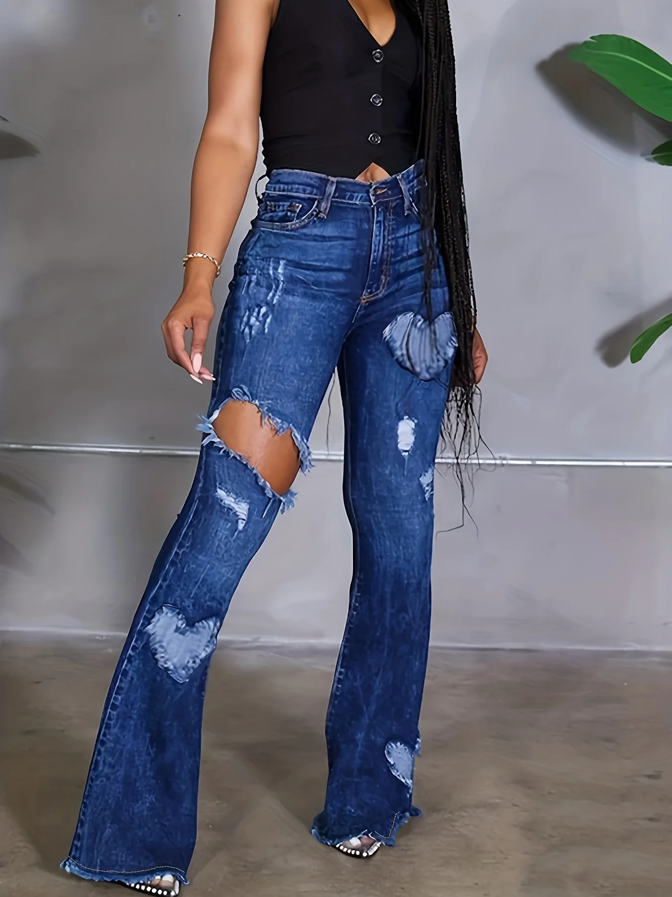 Blue Heart Shape Patchwork Flare Jeans, High-Stretch Ripped Holes Raw Hem Bell Bottom Jeans, Women's Denim Jeans & Clothing - Deanwangkt