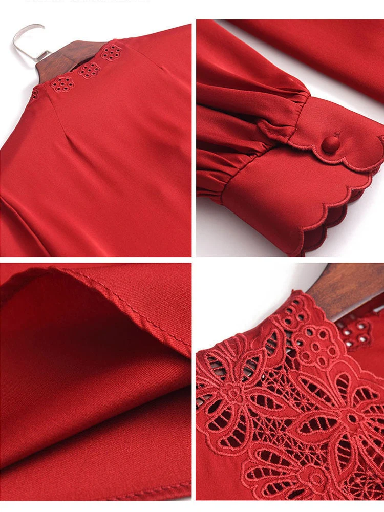 deanwangkt V Neck Shirts Long Sleeve Embroidery Blouse Women Hollow Out Tops Spring  Office Lady Solid Loose Clothes New 20645 - Deanwangkt