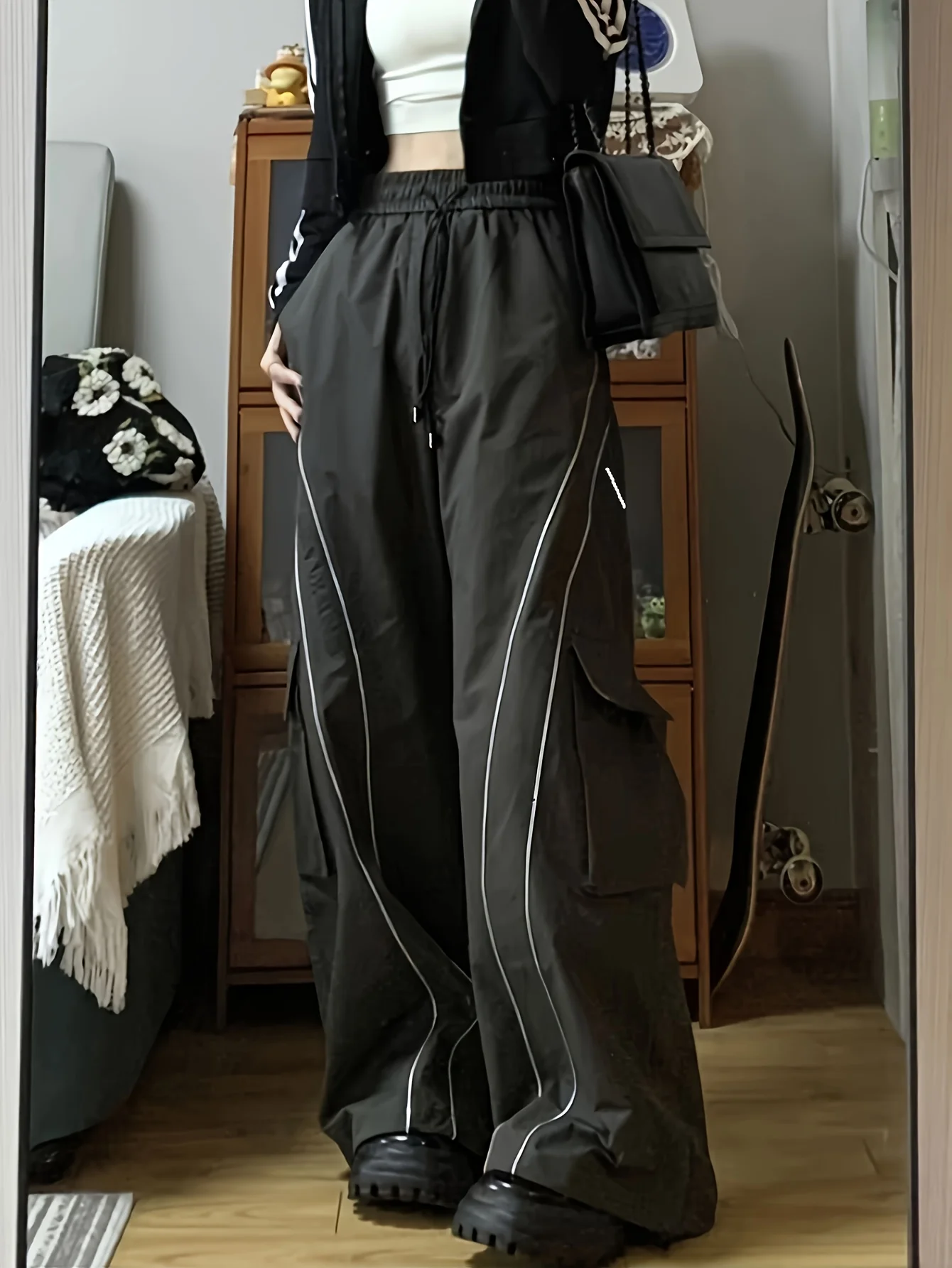 deanwangkt  Contrast Trim Pocket Pants, Casual Drawstring Waist Cargo Pants, Women's Clothing - Deanwangkt