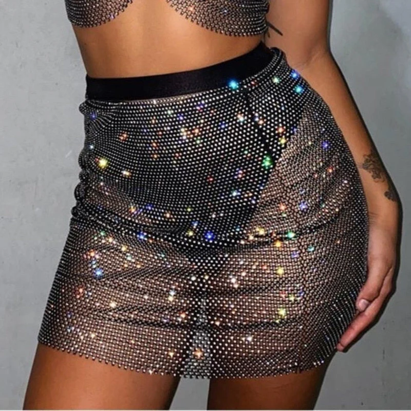 deanwangkt  Sexy Crop Top Women Two Piece Set Festival Beach Club Outfits Party Tank Top T Shirt Woman Halter Rhinestones Tops Summer - Deanwangkt