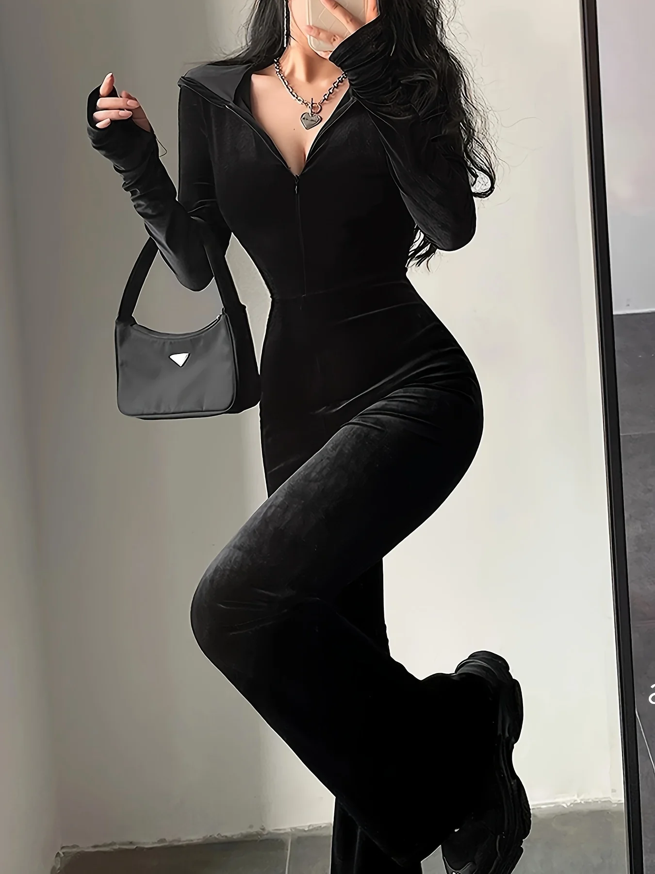 deanwangkt-1 Velvet Zip Up Jumpsuit, Casual Long Sleeve Flare Leg Jumpsuit, Women's Clothing - Deanwangkt