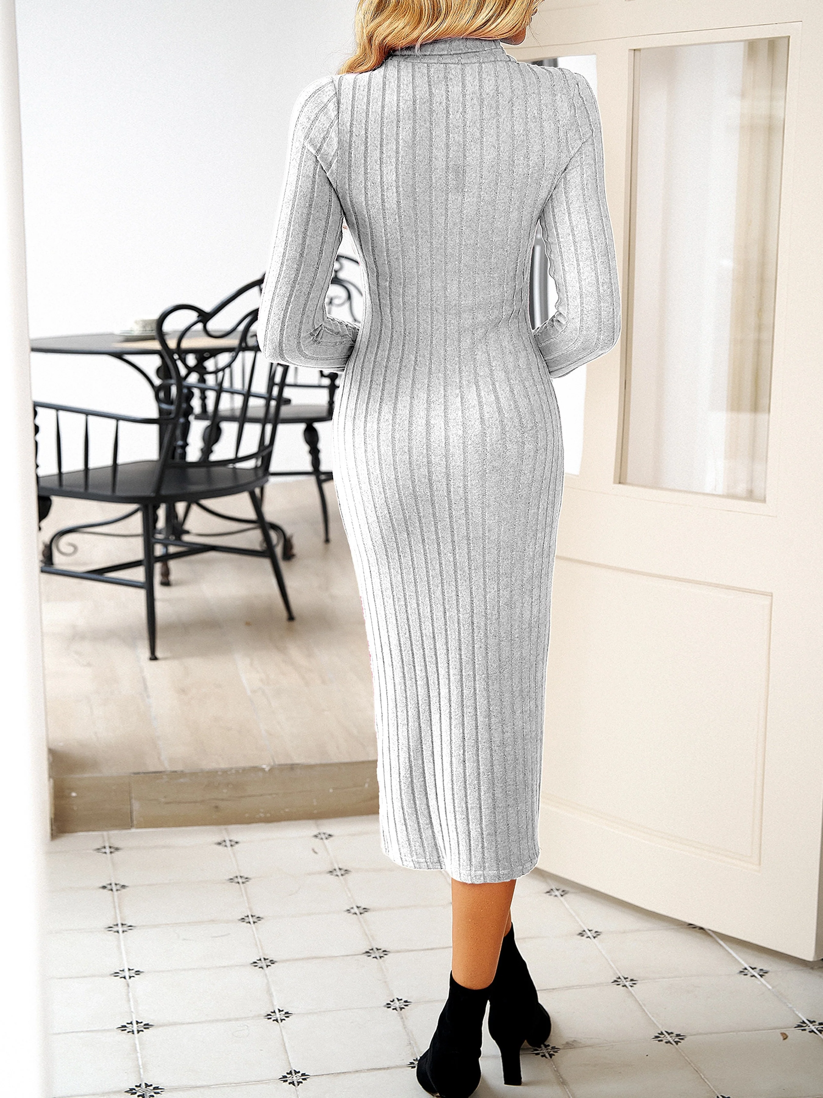 Solid Ribbed Knit Long Sleeve Dress, Casual Turtle Neck Slim Dress For Fall & Winter, Women's Clothing - Deanwangkt