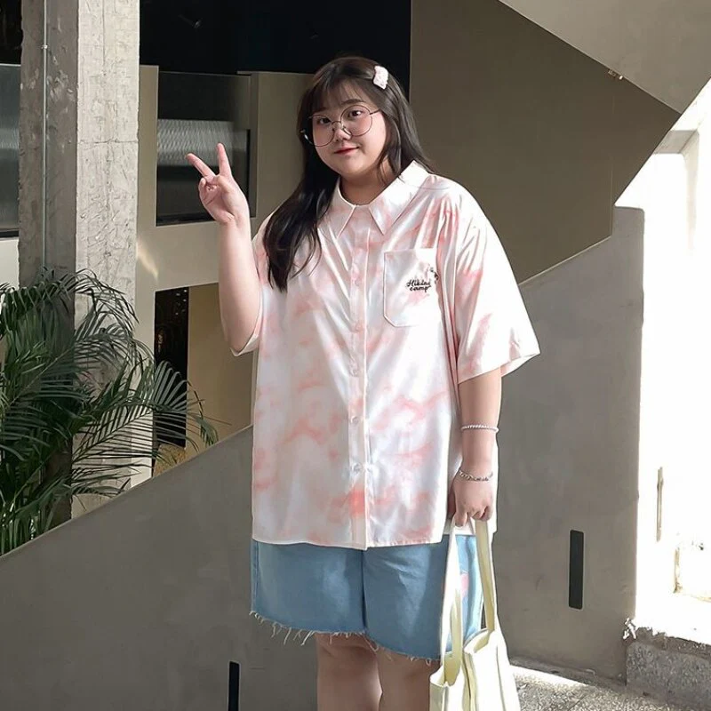 deanwangkt Women Plus Size Shirt Kawaii Print Cute Harajuku Polo Collar Blouses Oversize Korean Casual Pink Tops Unisex Clothes - Deanwangkt