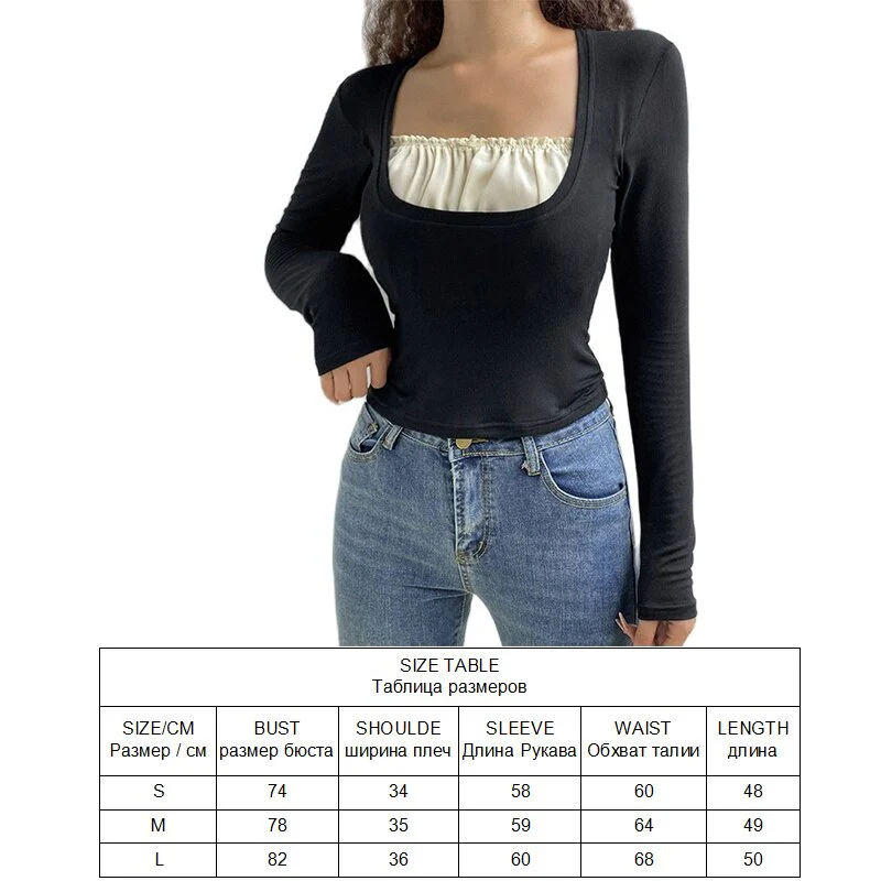 Long Sleeve T-Shirt Black Top Women Patchwork Lace Crop Top Winter Spring Women Pulovers Sexy Skinny V Neck Tees 90s Y2K Clothes - Deanwangkt