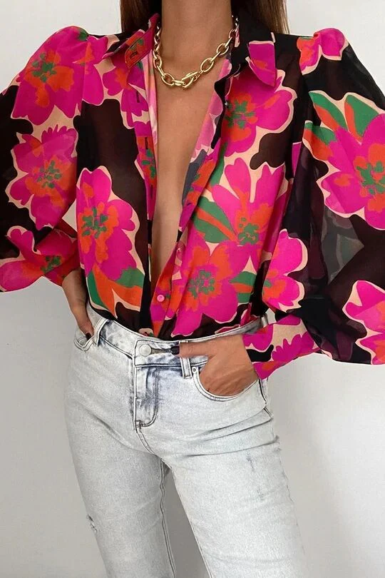 deanwangkt Spring Fashion Shirt Women's Blouses Elegant V-neck Print Puff Sleeve Office Shirts Female Summer New Formal Ladies Top - Deanwangkt