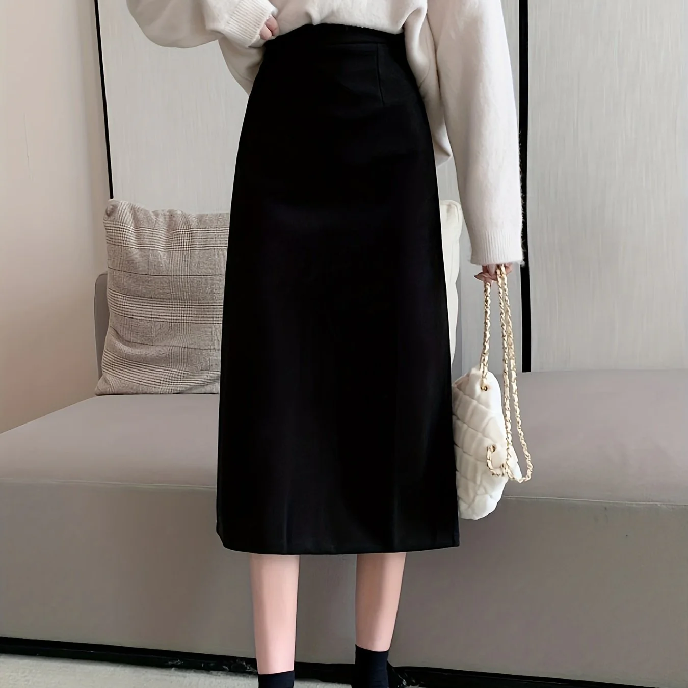 Solid High Waist Split Back Skirt, Vintage A Line Midi Skirt For Spring & Fall, Women's Clothing - Deanwangkt