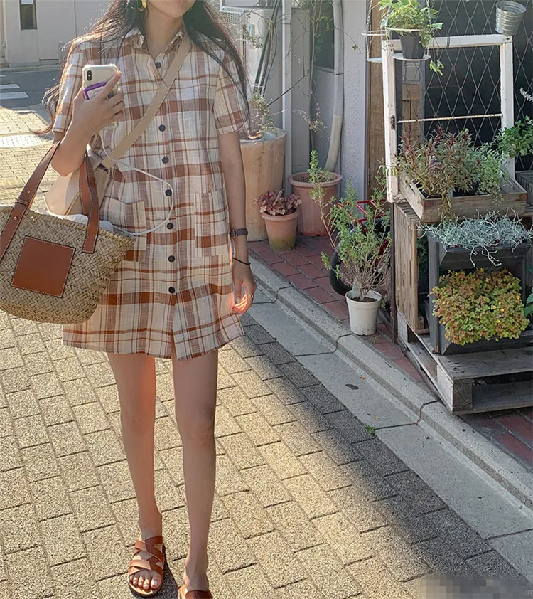Joskka  New Summer Women's Shirt Dresses Plaid Checkered Vintage Pockets Fashionable Korean Style Oversize Wild Mini Dress - Deanwangkt