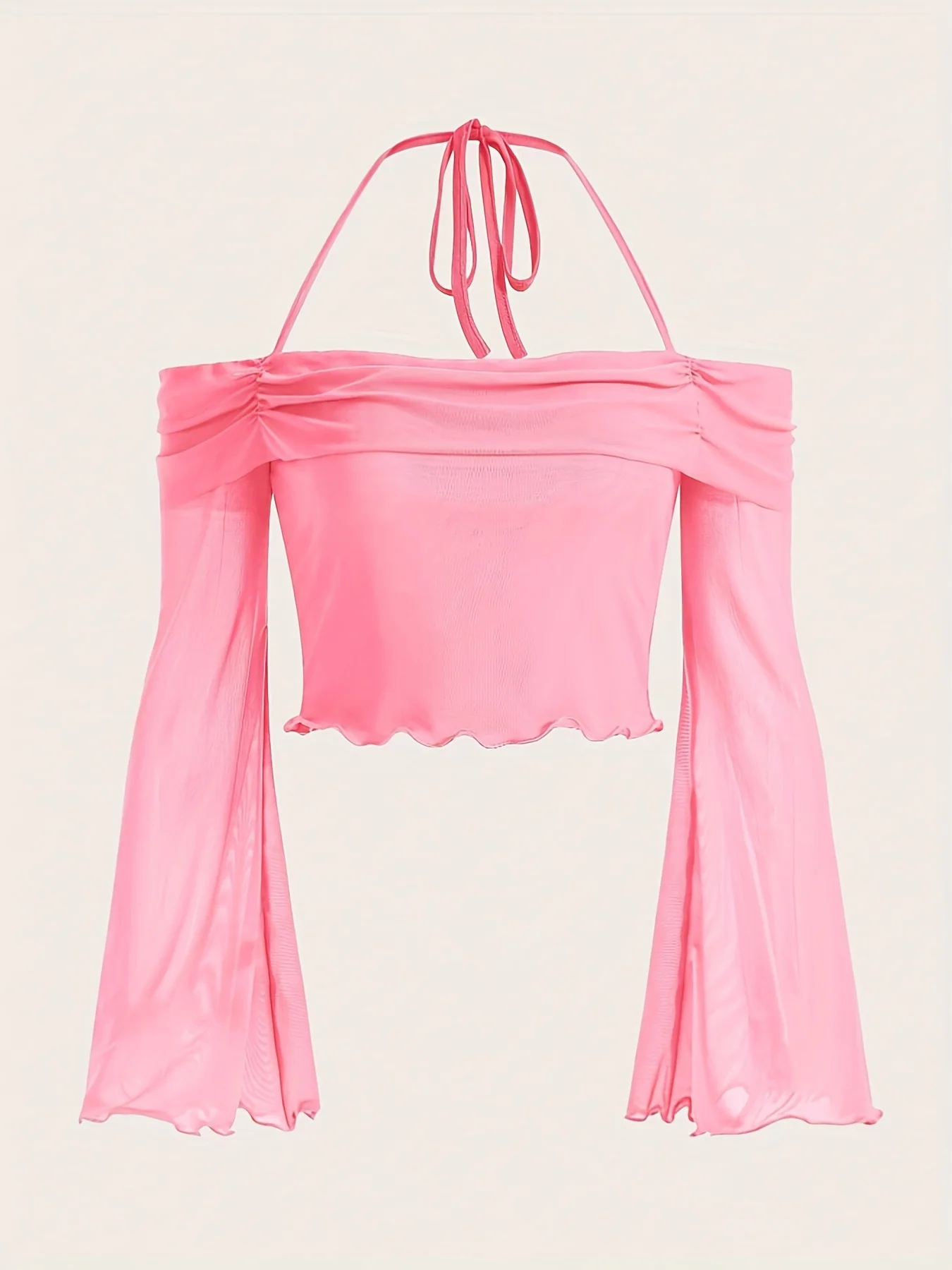 Solid Flared Sleeve Blouse, Casual Halter Neck Ruched Blouse, Women's Clothing - Deanwangkt