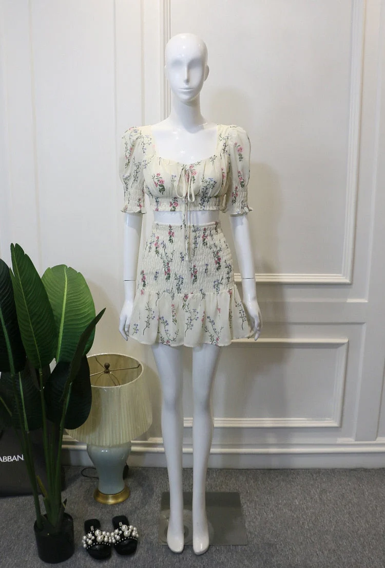 deanwangkt Women Set Boho Sew Summer Sexy Women 2 Two Piece Set Crop Top High Waist Mini Skirt Suits Lady Chic Floral Bodycon Party Clothes Fairy Dress - Deanwangkt