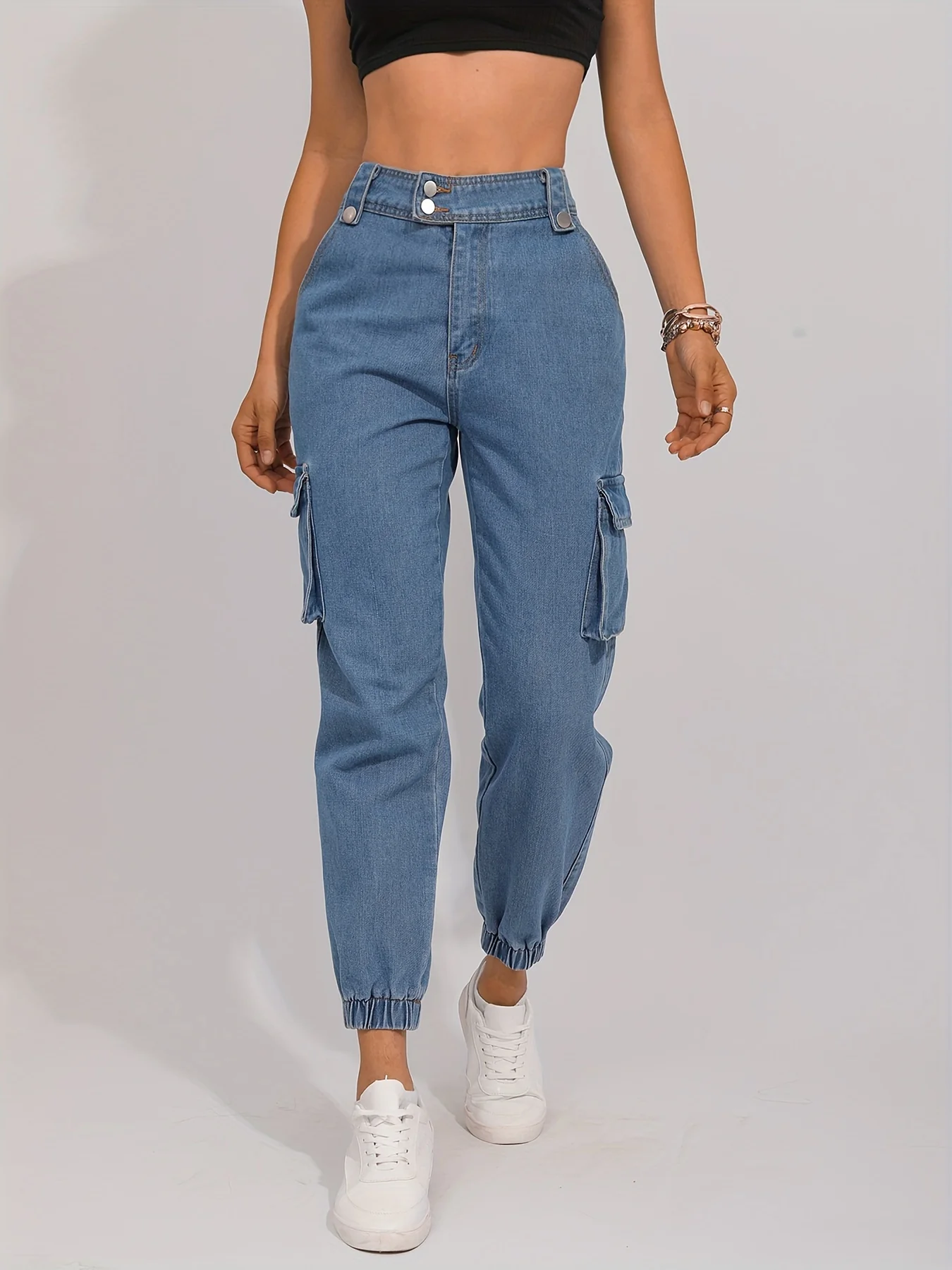 Flap Pocket Double Side Bottons Cargo Jeans, Wash Blue Street Jogger Jeans, Women's Denim Jeans & Clothing - Deanwangkt