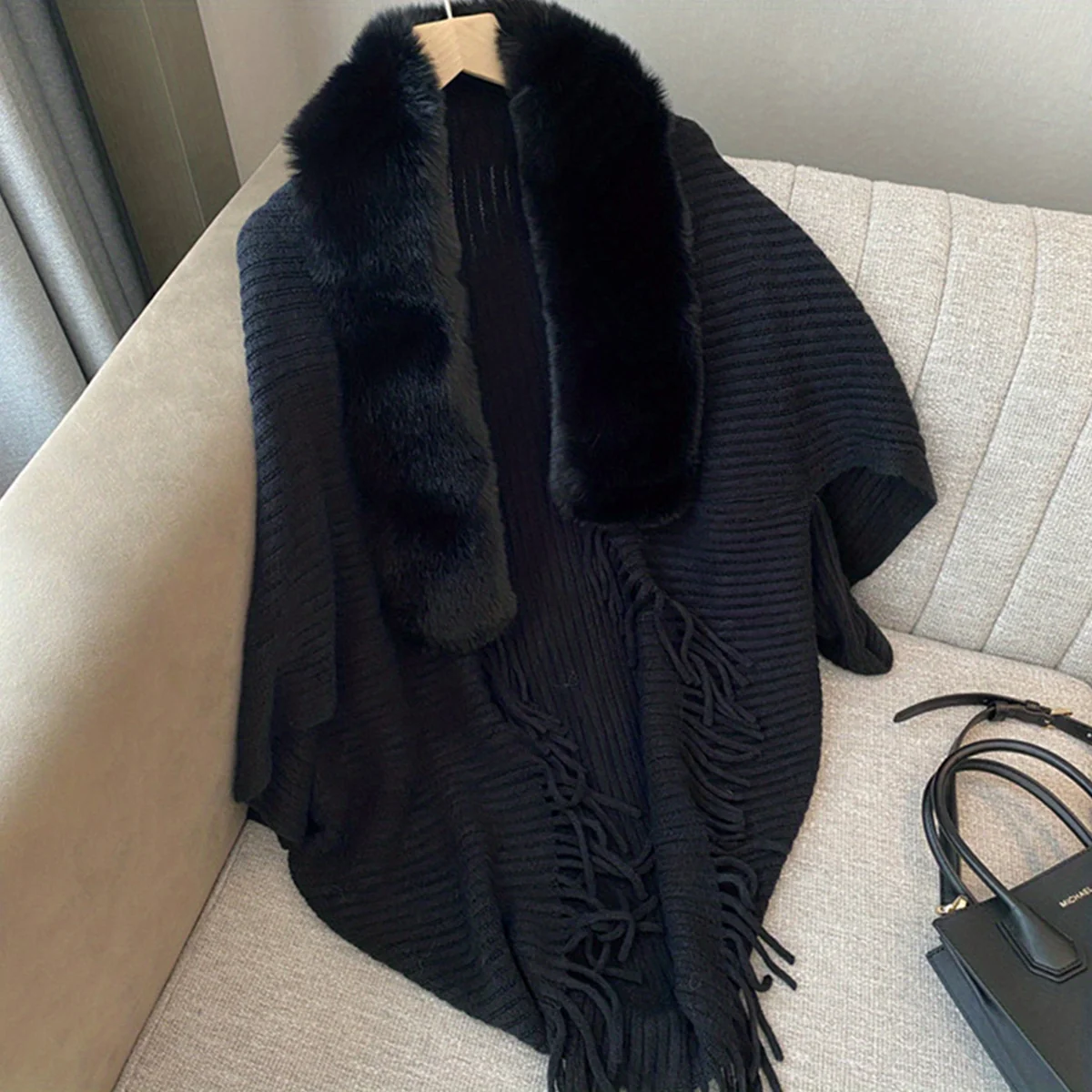 Large Fur Collar Cape Shawl Monochrome Striped Knitted Tassel Cardigan Outside Wear Warm Thick Shawl - Deanwangkt