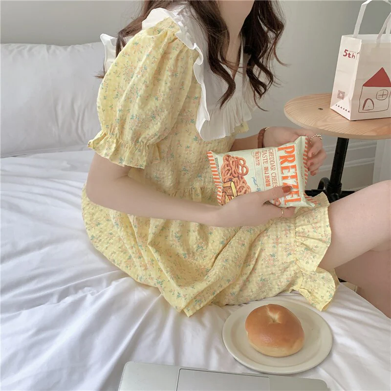 deanwangkt Ruffles V-Neck Summer Pajamas Set Women Short Sleeve Sweet Blouse + Shorts Suit Cotton Sleepwear Flowers Plaid Homewear - Deanwangkt