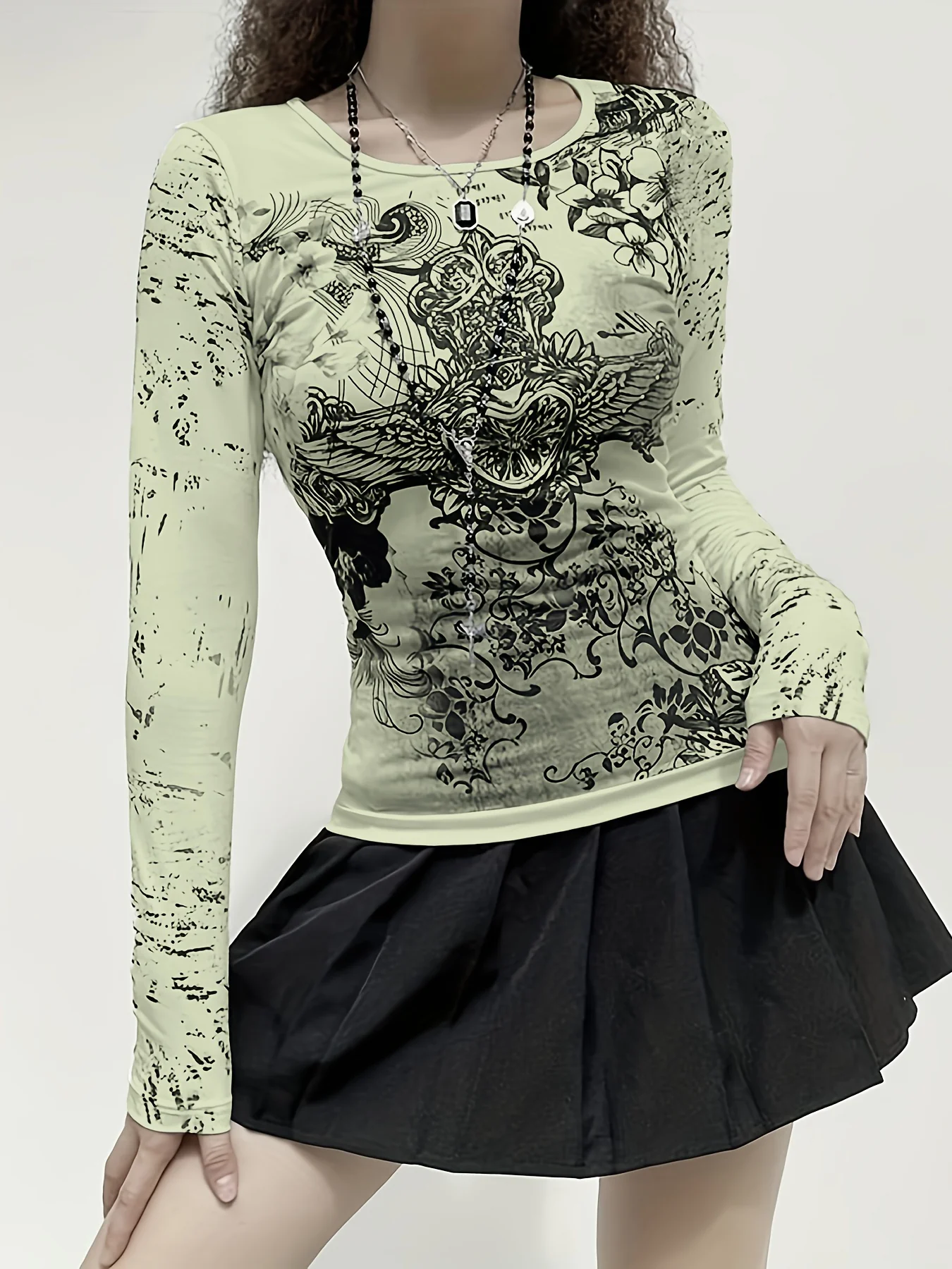 deanwangkt  Graphic Print Crew Neck T-Shirt, Gothic Long Sleeve Top For Spring & Fall, Women's Clothing - Deanwangkt