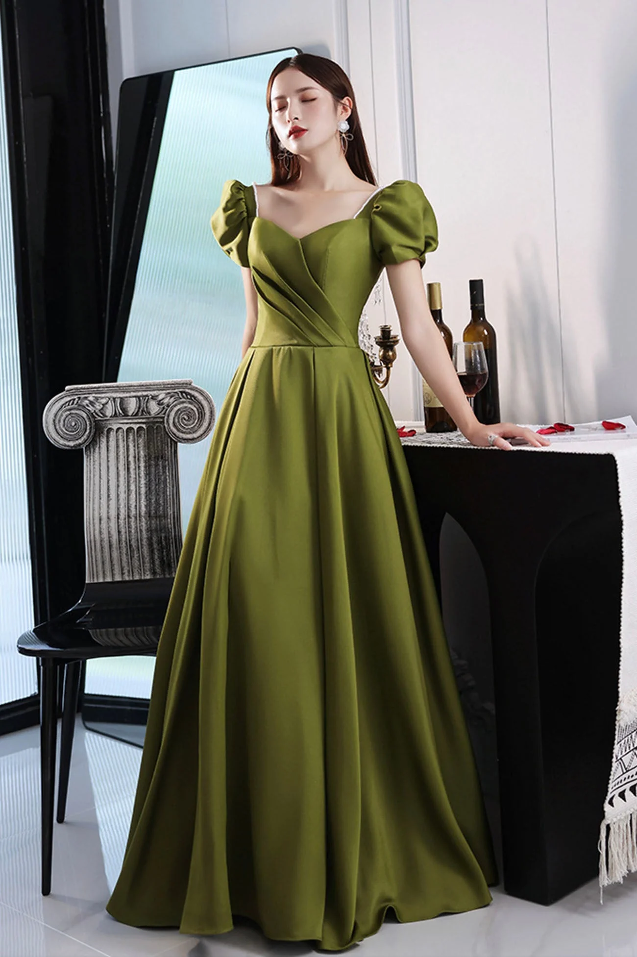 solvbao Green Saitn Long Prom Dresses, A-Line Evening Dresses - Deanwangkt