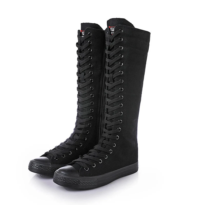 DEANWANGKT  Spring Autumn Women Shoes Canvas Casual High Top Shoes Long Boots Lace-Up Zipper Comfortable Flat Boots Sneakers Size 34-43 - Deanwangkt