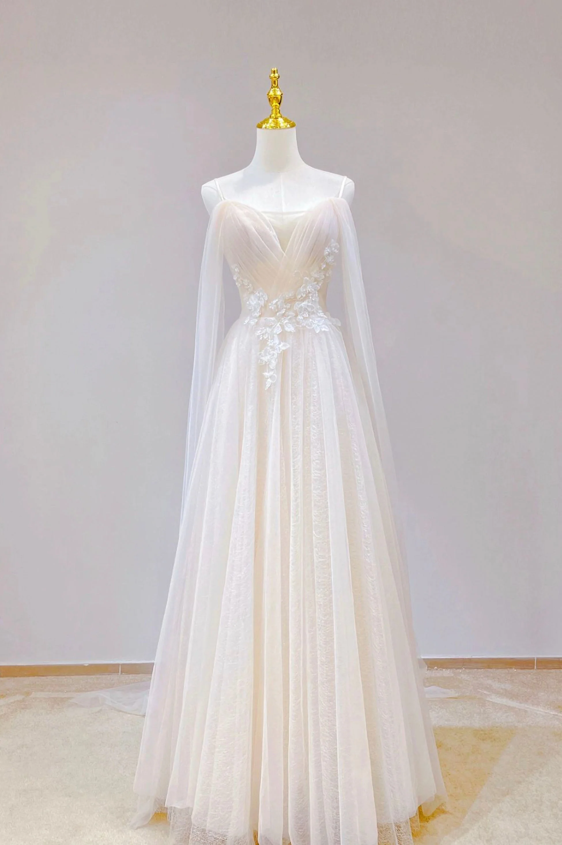 solvbao Champagne Tulle Long Prom Dress, Lovely Lace Formal Evening Dress - Deanwangkt